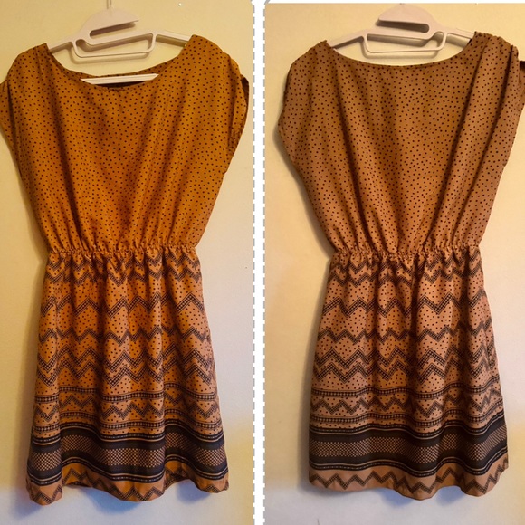 Tan & Black Polka Dot Patterned Mini Dress S-L - Picture 7 of 7